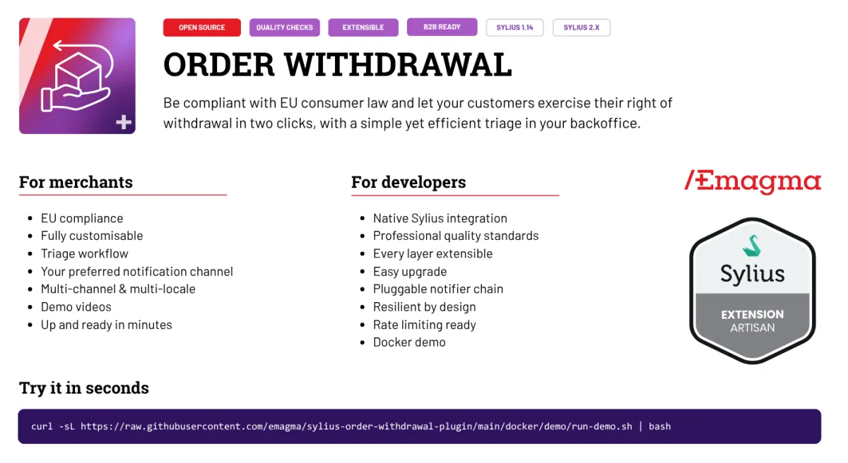 Order Withdrawal plugin for Sylius: EU right of withdrawal form and admin triage